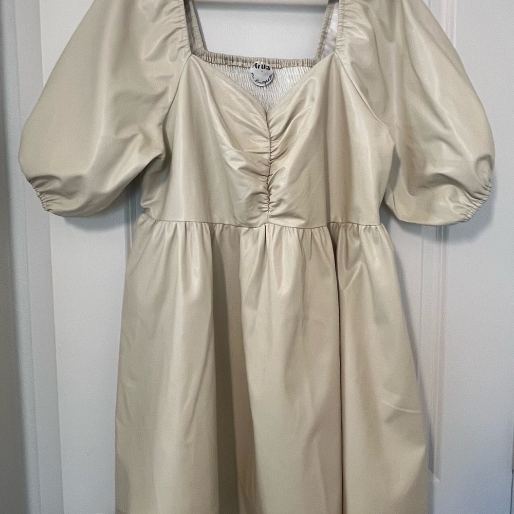ARULA Soft Beige Puff Sleeve Mini Dress